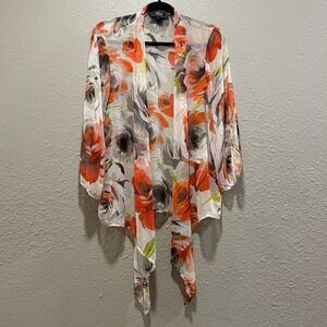 Status by Chenault Sheer Floral Kimono Wrap Top Orange Grey White Large